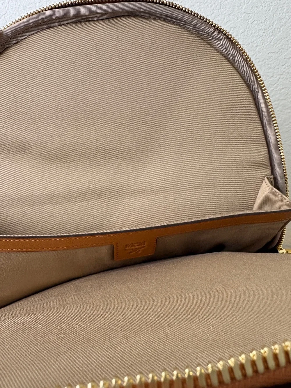 MCM Cognac signature Stark Backpack in Visetos finished with leather trim new
